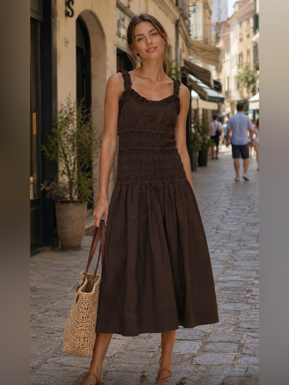 Caroline Constas Dark Brown Smocked Midi Dress with Ruffled Straps. Size L NWT